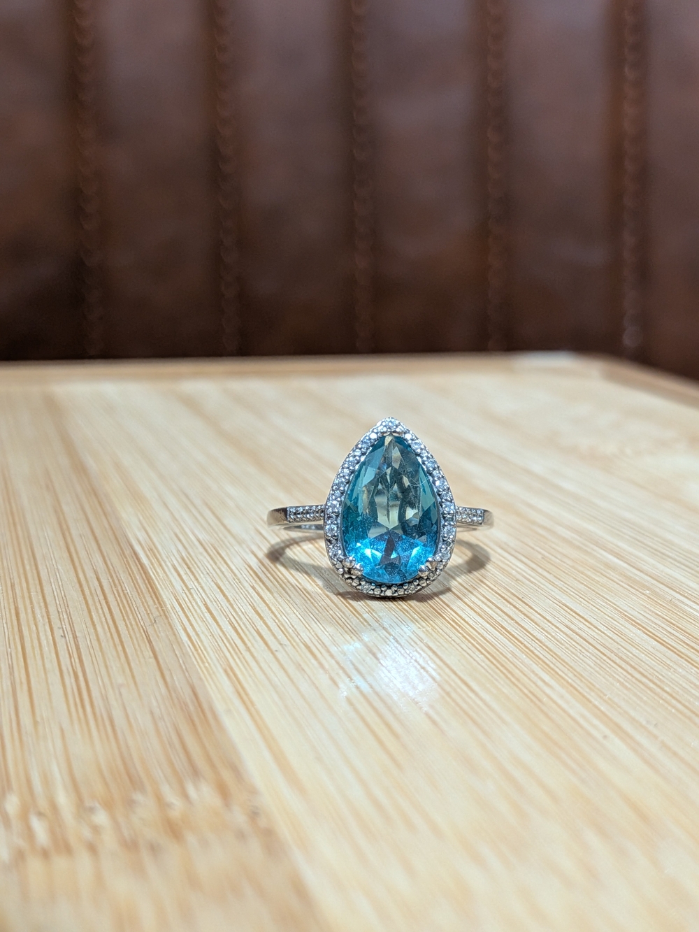 Pear-Shaped Blue Gemstone Halo Ring - Elegant Women's Jewelry, Sterling Silver